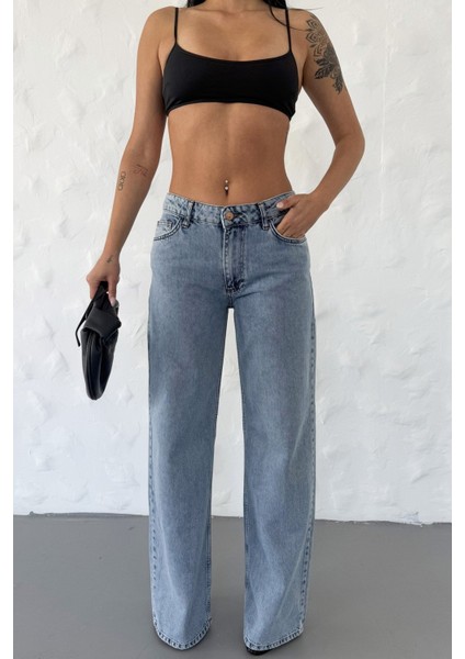 Geniş Paça Düşük Bel Kadın Jean Pantolon - Mavi Mavi - 28