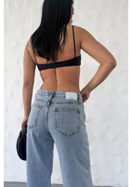 Geniş Paça Düşük Bel Kadın Jean Pantolon - Mavi Mavi - 28