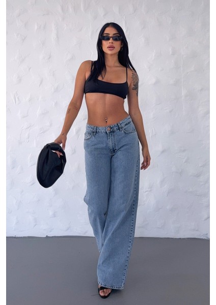 Geniş Paça Düşük Bel Kadın Jean Pantolon - Mavi Mavi - 28