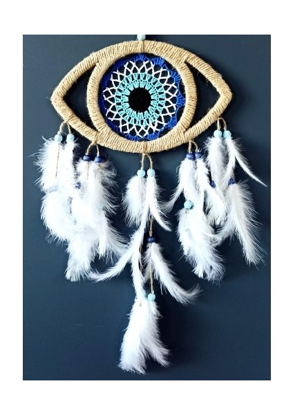 Göz Model Nazar Boncuğu Motifli Kuş Tüylü El Yapımı Düş Kapanı Duvar Dekoru