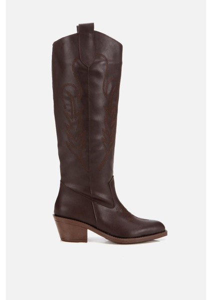 Kadın Kahverengi Işlemeli Kalın Topuklu Çizme