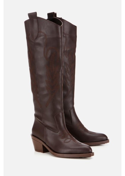 Kadın Kahverengi Işlemeli Kalın Topuklu Çizme fiyatları