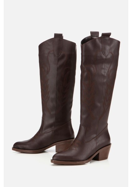 Kadın Kahverengi Işlemeli Kalın Topuklu Çizme fırsatları