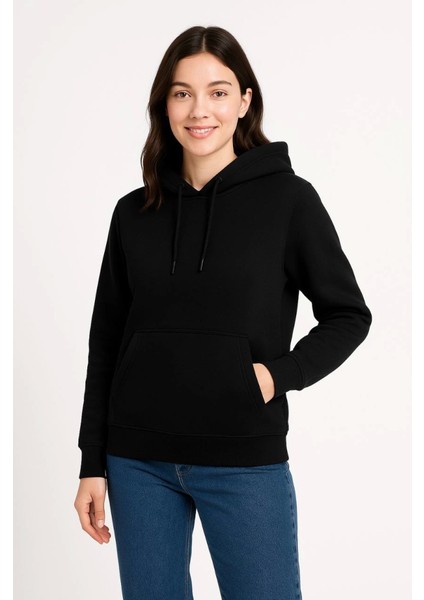 Üç Iplik Kapüşonlu Kanguru Çepli Sweatshirt Hoodie - Siyah fırsatları