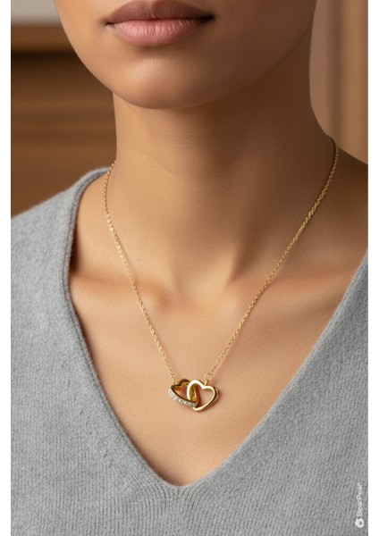 Zirkon Taşı Paslanmaz Çelik Kolye Iç Içe Geçen Kalpli Kolyei Gold