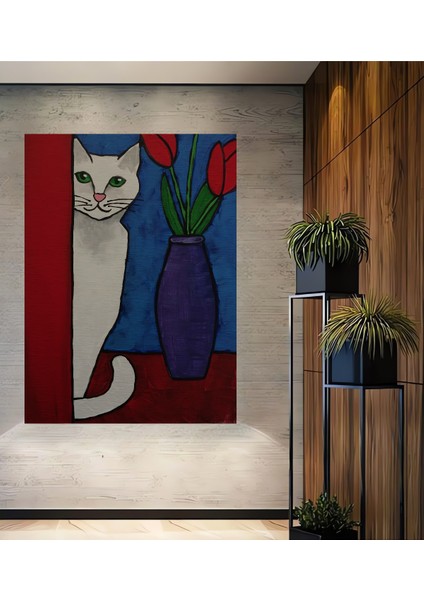 Sevimli Kedi ve Kırmızı Lale Yağlı Boya Görünümlü Ahşap Dekoratif Tablo Dikdörtgen Tablo