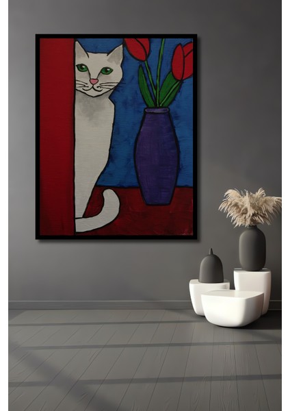 Sevimli Kedi ve Kırmızı Lale Yağlı Boya Görünümlü Ahşap Dekoratif Tablo Dikdörtgen Tablo fiyatları