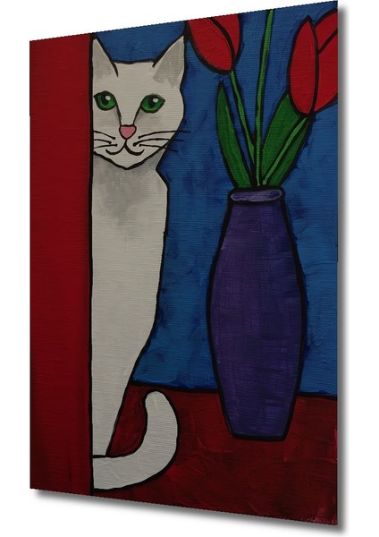 Sevimli Kedi ve Kırmızı Lale Yağlı Boya Görünümlü Ahşap Dekoratif Tablo Dikdörtgen Tablo modelleri