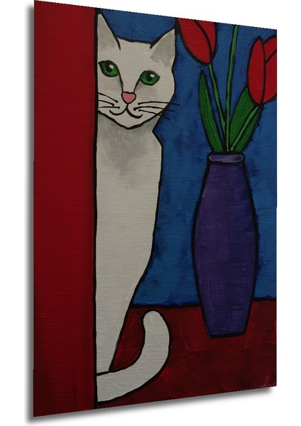 Sevimli Kedi ve Kırmızı Lale Yağlı Boya Görünümlü Ahşap Dekoratif Tablo Dikdörtgen Tablo fırsatları