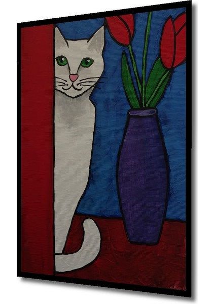 Sevimli Kedi ve Kırmızı Lale Yağlı Boya Görünümlü Ahşap Dekoratif Tablo Dikdörtgen Tablo indirimleri