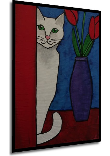 Sevimli Kedi ve Kırmızı Lale Yağlı Boya Görünümlü Ahşap Dekoratif Tablo Dikdörtgen Tablo