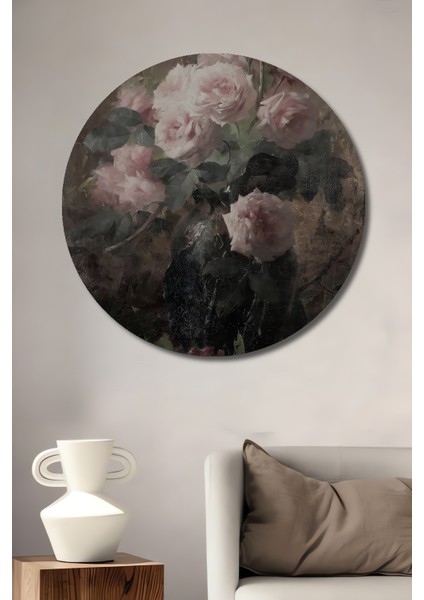 Pembe Gül Buketi Yağlı Boya Görünümlü Ahşap Dekoratif Tablo Yuvarlak Tablo