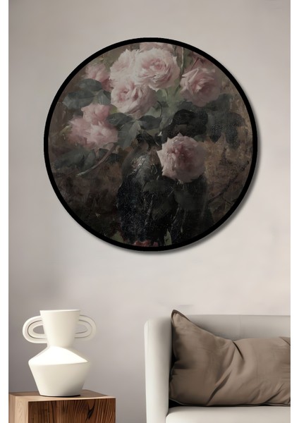 Pembe Gül Buketi Yağlı Boya Görünümlü Ahşap Dekoratif Tablo Yuvarlak Tablo fiyatları