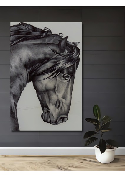 Kara Kalem Görünümlü At Ahşap Dekoratif Tablo Dikdörtgen Tablo