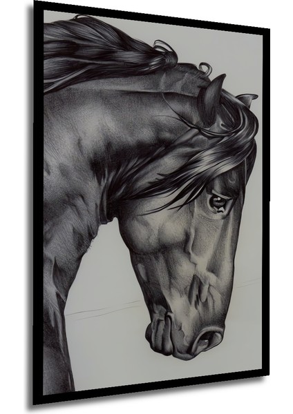 Kara Kalem Görünümlü At Ahşap Dekoratif Tablo Dikdörtgen Tablo