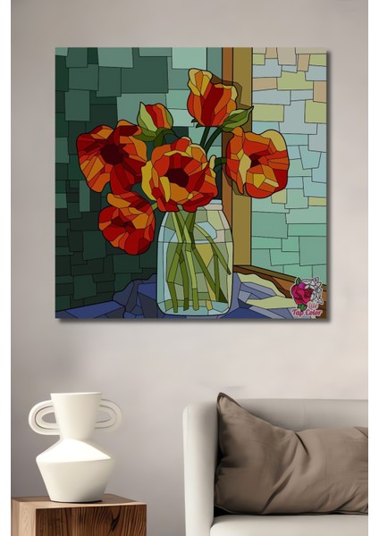 Kırmızı Lale Çiçekleri Ahşap Dekoratif Tablo Sulu Boya Görünümlü Sanat Eseri Dikdörtgen Tablo
