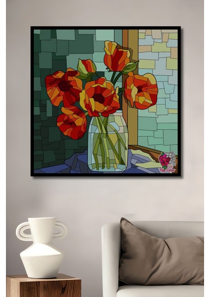 Kırmızı Lale Çiçekleri Ahşap Dekoratif Tablo Sulu Boya Görünümlü Sanat Eseri Dikdörtgen Tablo fiyatları