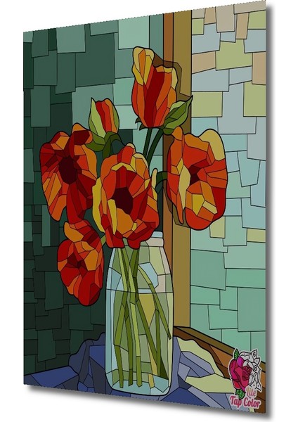 Kırmızı Lale Çiçekleri Ahşap Dekoratif Tablo Sulu Boya Görünümlü Sanat Eseri Dikdörtgen Tablo modelleri