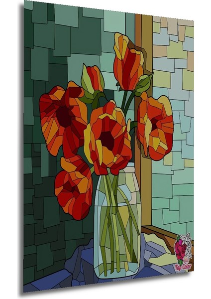 Kırmızı Lale Çiçekleri Ahşap Dekoratif Tablo Sulu Boya Görünümlü Sanat Eseri Dikdörtgen Tablo fırsatları