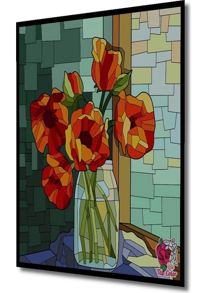 Kırmızı Lale Çiçekleri Ahşap Dekoratif Tablo Sulu Boya Görünümlü Sanat Eseri Dikdörtgen Tablo indirimleri