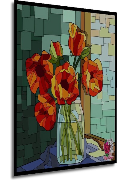 Kırmızı Lale Çiçekleri Ahşap Dekoratif Tablo Sulu Boya Görünümlü Sanat Eseri Dikdörtgen Tablo