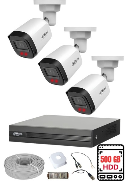Dahua 3 Kameralı Gece Görüşlü Su Geçirmez Full Hd Güvenlik Kamerası Seti 500GB