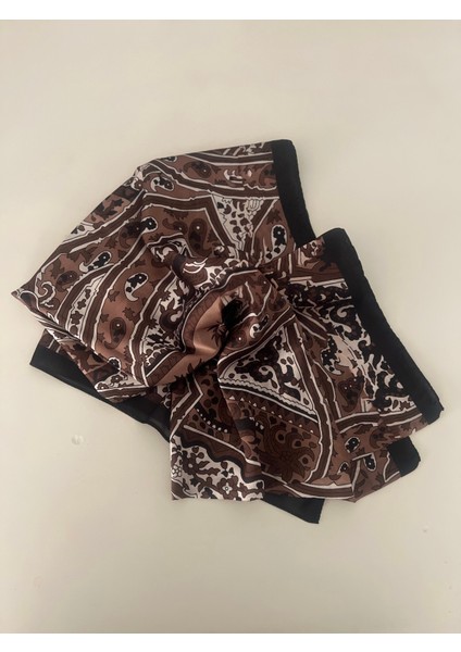 70X180 Kahverengi Desenli Saten Şal Fular