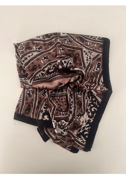 70X180 Kahverengi Desenli Saten Şal Fular modelleri