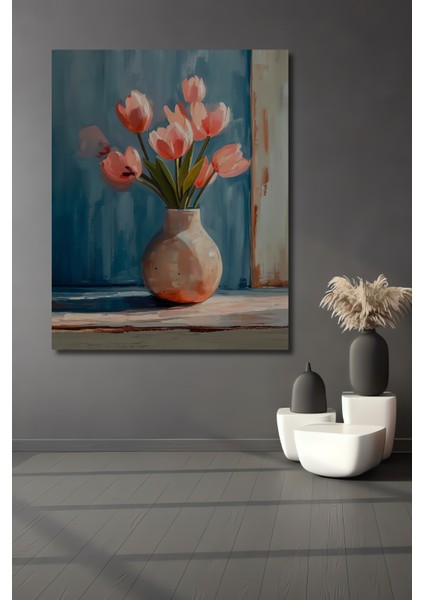 Pembe Lale Buketi Yağlı Boya Görünümlü Ahşap Dekoratif Tablo Dikdörtgen Tablo
