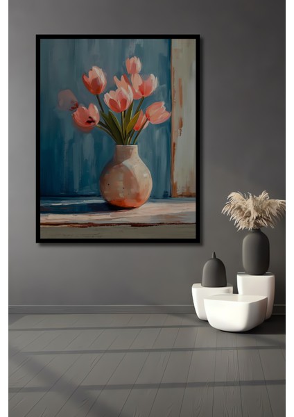 Pembe Lale Buketi Yağlı Boya Görünümlü Ahşap Dekoratif Tablo Dikdörtgen Tablo fiyatları
