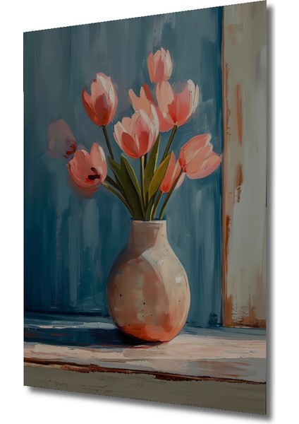 Pembe Lale Buketi Yağlı Boya Görünümlü Ahşap Dekoratif Tablo Dikdörtgen Tablo modelleri