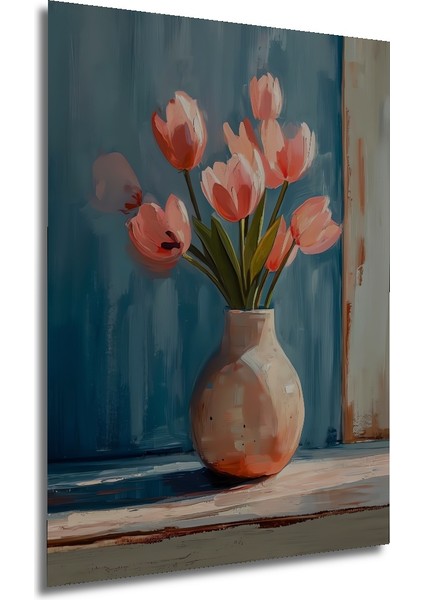 Pembe Lale Buketi Yağlı Boya Görünümlü Ahşap Dekoratif Tablo Dikdörtgen Tablo fırsatları