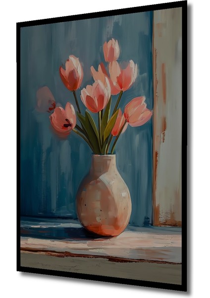 Pembe Lale Buketi Yağlı Boya Görünümlü Ahşap Dekoratif Tablo Dikdörtgen Tablo indirimleri