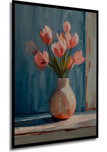 Pembe Lale Buketi Yağlı Boya Görünümlü Ahşap Dekoratif Tablo Dikdörtgen Tablo