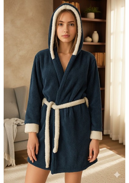 Polar Kapüşonlu Sabahlık Belden Bağlamalı Kışlık Yumuşak Ev Bornozu