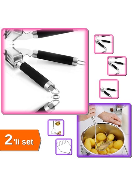 Inox Paslanmaz Metal Patates Ezici + Lüx Çelik Sarımsak Ezici - 2li Set ABC456