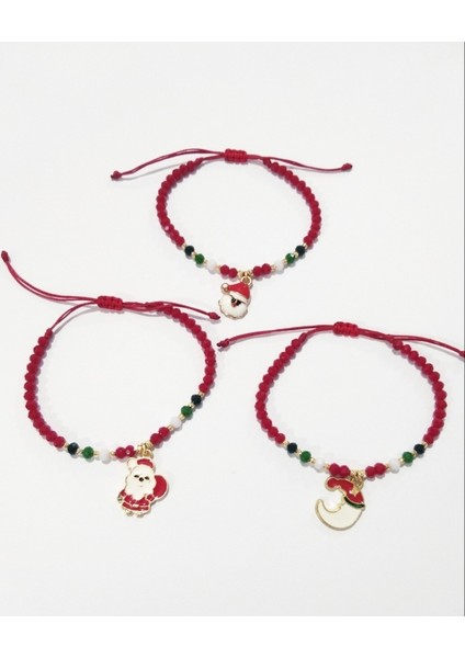 Üç Adet Yılbaşı Kartlı Kristal Boncuklu Noel Baba Yeni Yıl Temalı Bileklik modelleri
