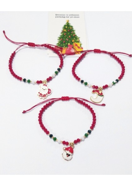Üç Adet Yılbaşı Kartlı Kristal Boncuklu Noel Baba Yeni Yıl Temalı Bileklik fiyatları