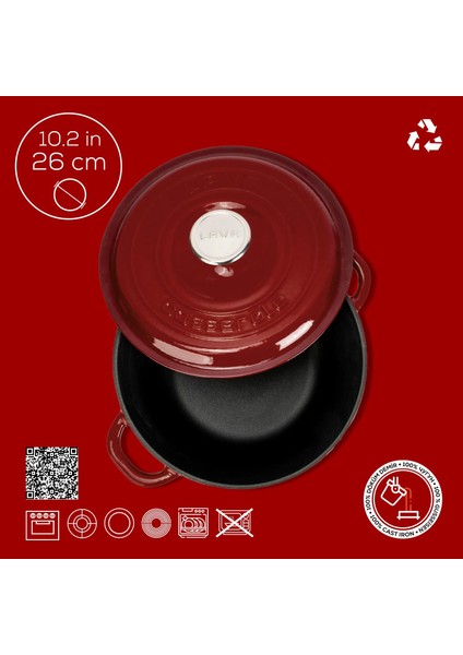Döküm Yuvarlak Tencere Döküm Demir Kapak New Heritage Serisi ÇAP(Ø)26CM.-BORDO fırsatları