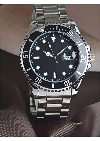 Gümüş Çelik Kordon Erkek Kol Saati Takvimli Siyah Kadran Özel Kutusunda fiyatları