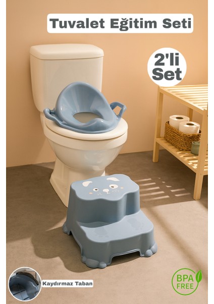 2'li Tuvalet Eğitim Seti - Basamaklı Çocuk Taburesi ve Kulplu Klozet Adaptörü
