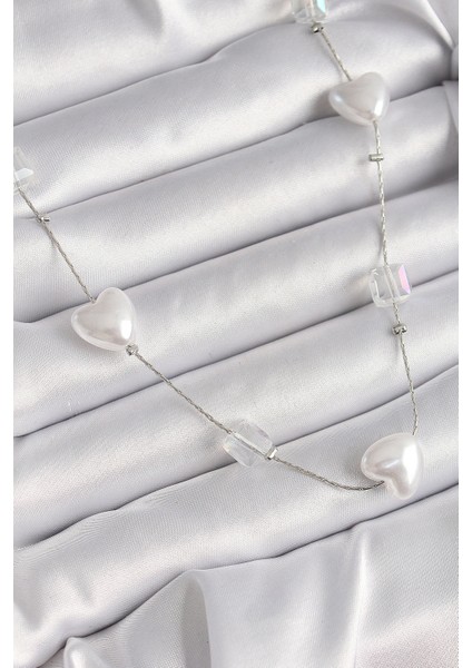 Pirinç Gümüş Renk Beyaz İnci Kalp Model Kadın Kolye - TJ-BKO9624