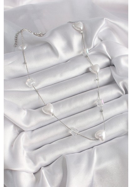 Pirinç Gümüş Renk Beyaz İnci Kalp Model Kadın Kolye - TJ-BKO9624 fiyatları