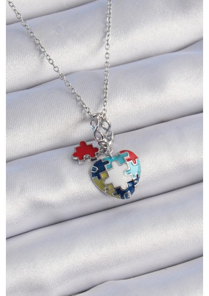 316L Çelik Gümüş Renk Yapboz Motif Kalp Figür Charm Model Kadın Kolye - TJ-BKO9315