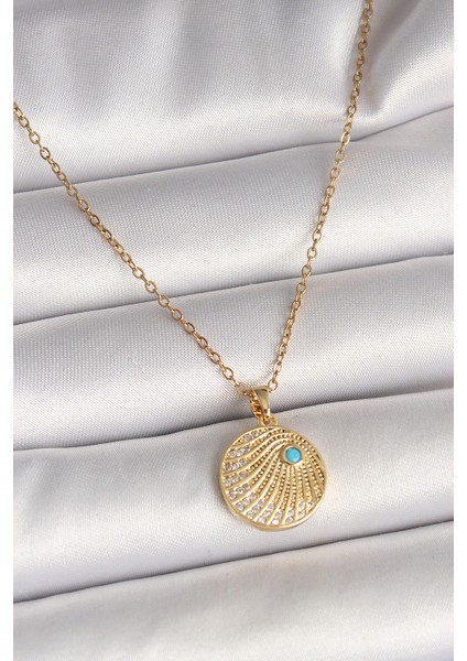 316L Çelik Gold Renk Zincir Zirkon Taş İşlemeli Mavi Taş Detaylı Madalyon Model Kadın Kolye - TJ-BKO9964