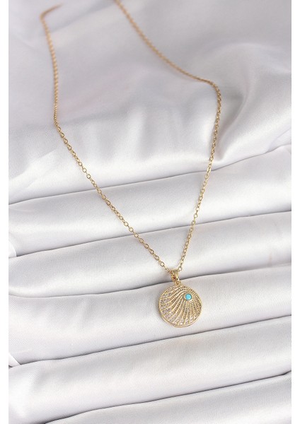 316L Çelik Gold Renk Zincir Zirkon Taş İşlemeli Mavi Taş Detaylı Madalyon Model Kadın Kolye - TJ-BKO9964 fiyatları