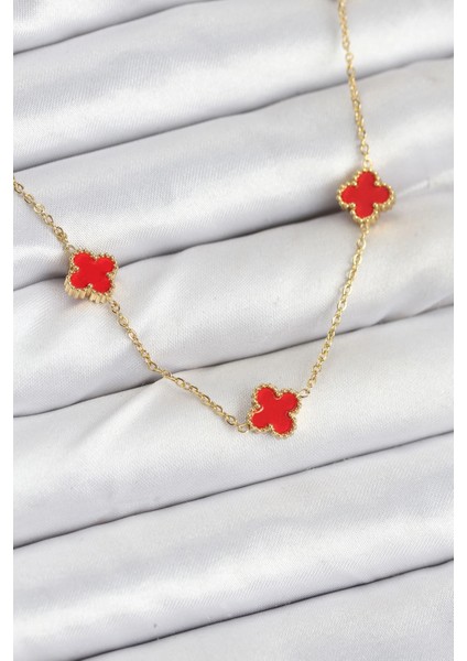 316L Çelik Zincir Gold Renk Kırmızı Baby Boy Yonca Kadın Kolye - TJ-BKO10580
