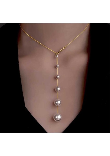 Özel Tasarım Y Gold Inci Kolye