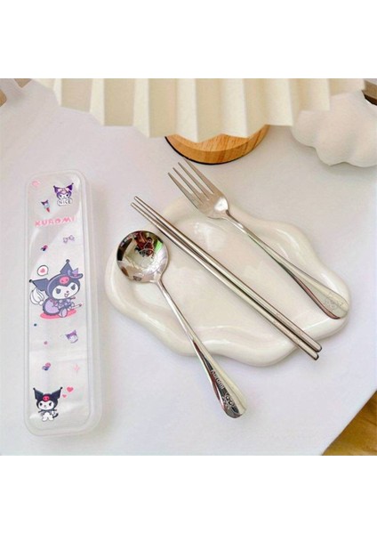 Kuromi Figürlü Paslanmaz Çelik Kutulu Çatal Kaşık Chopstick Seti AD59922