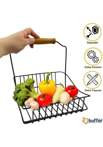 Buffer® Ferforje Askılı Siyah Ahşap Kulplu Düzenleyici Mutfak Sepeti modelleri